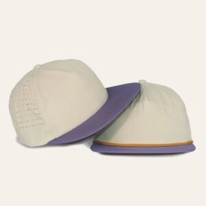 Cream 5-panel rope hat with a purple brim and gold rope, supplier blank
