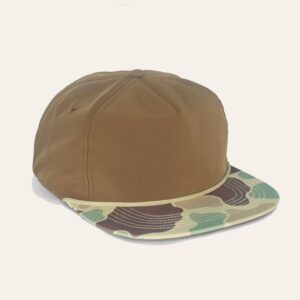 Khaki 5-panel rope hat with a camo brim, supplier blank