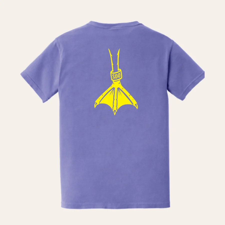 SDO Pocket Tee in violet, back view, with a large yellow banded duck-foot print (product render)