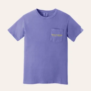 SDO Pocket Tee in violet, front view, with the Southern Dreams Outdoors wordmark printed in yellow on the chest pocket (product render)