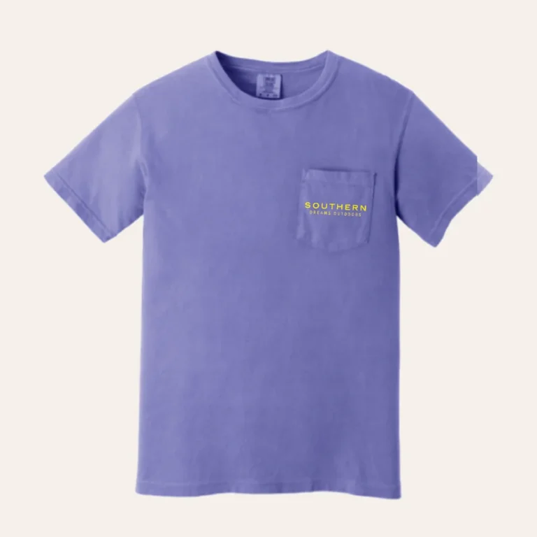 SDO Pocket Tee in violet, front view, with the Southern Dreams Outdoors wordmark printed in yellow on the chest pocket (product render)