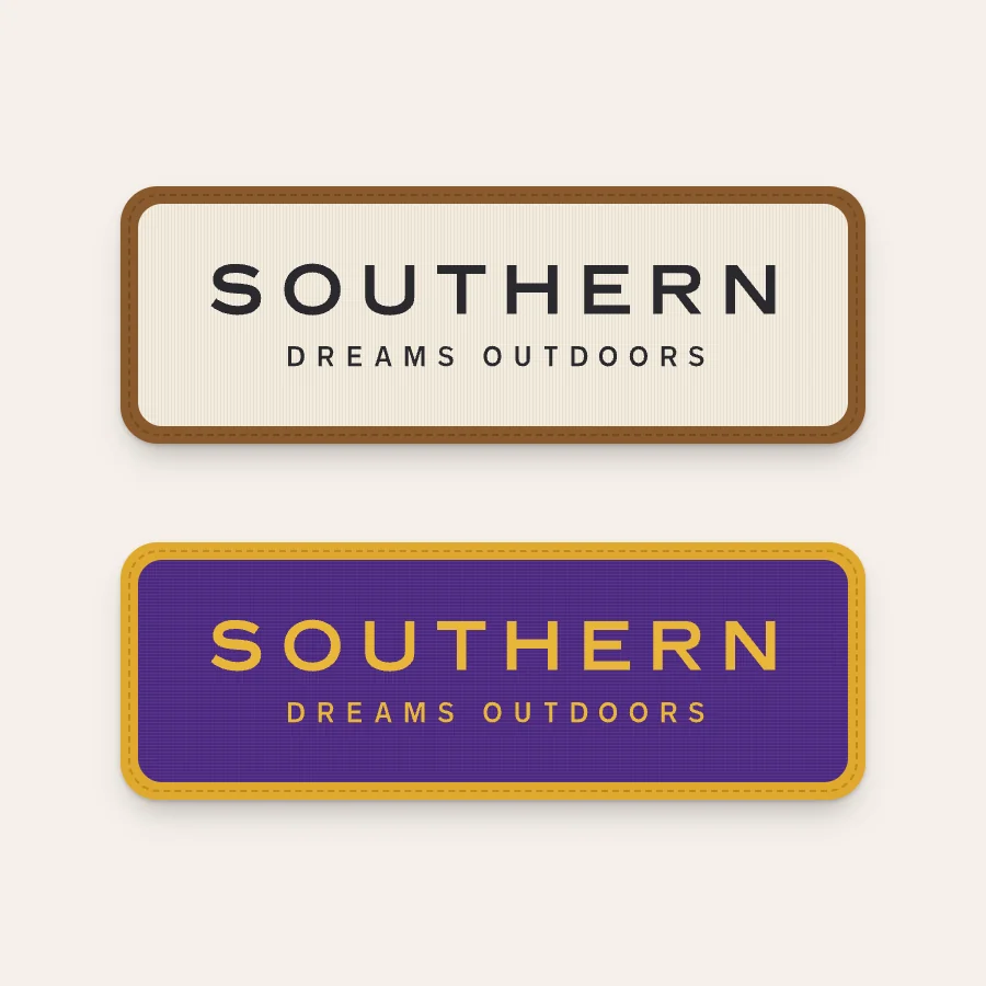 Southern Dreams Outdoors woven hat patch in two colorways: cream with a brown border and purple with a gold border (product render)
